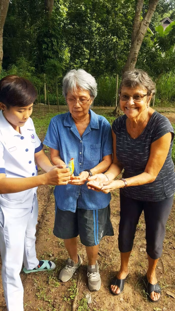 Three residents and a carer holding hands outdoors.