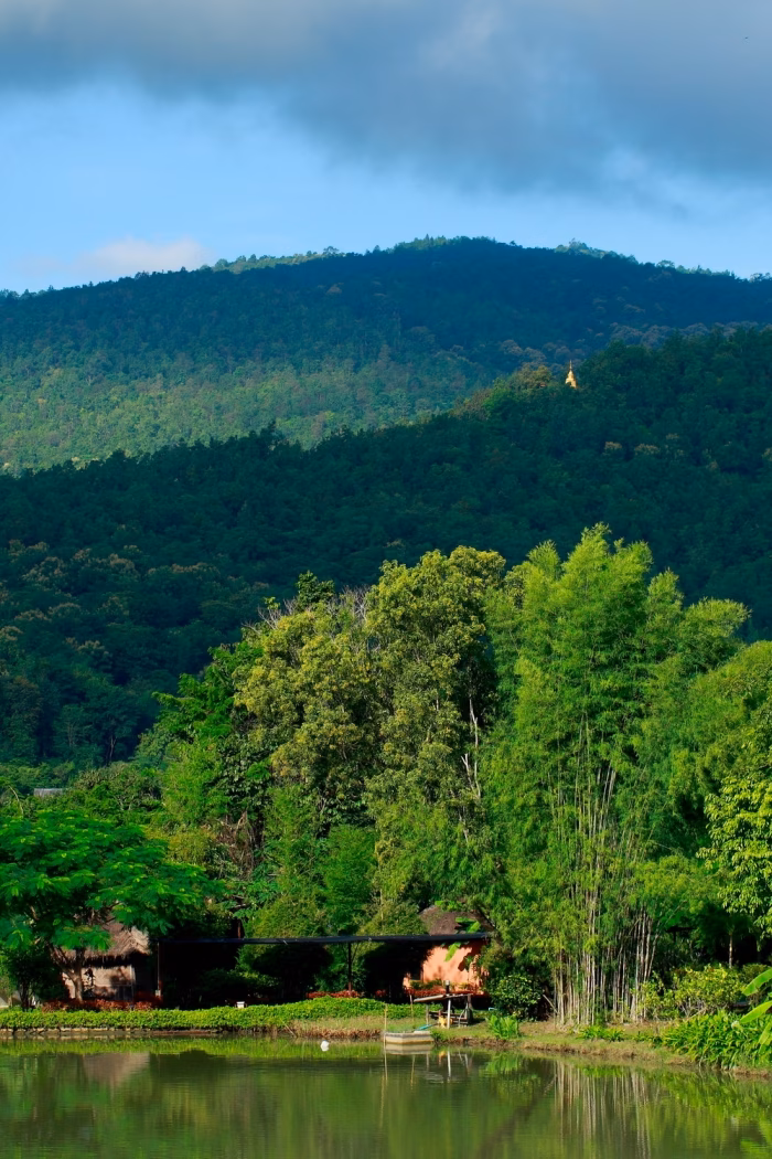 Mountain landscape beyond the grounds.