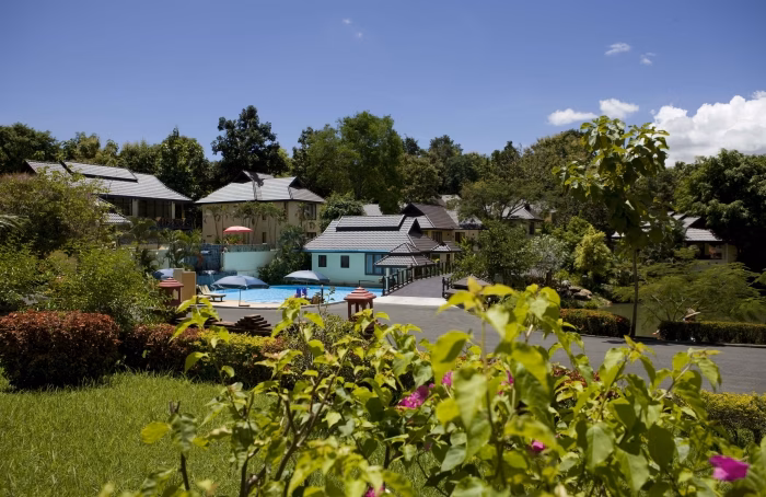 The grounds with bougainvillea in bloom.