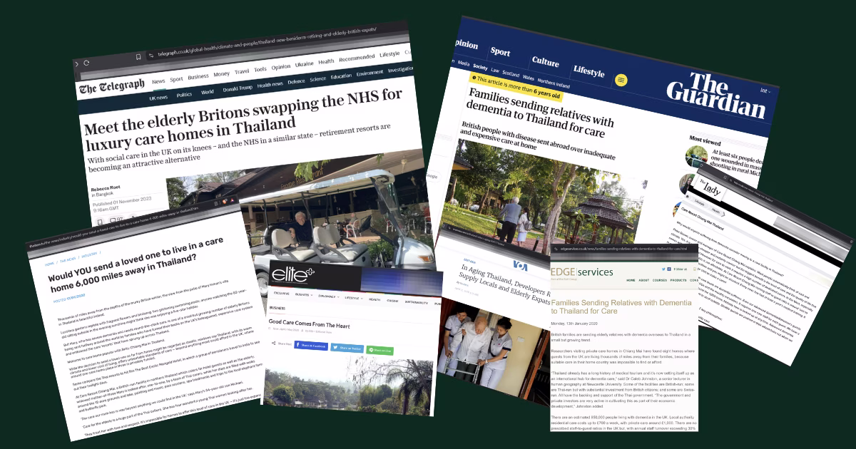 Newspaper and magazine coverage of Care Resort Chiang Mai, including The Guardian, The Telegraph, VOA, The Lady and others.