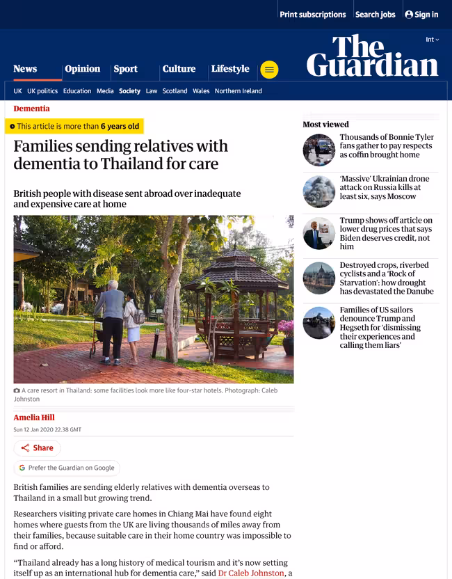 The Guardian: Families sending relatives with dementia to Thailand for care.